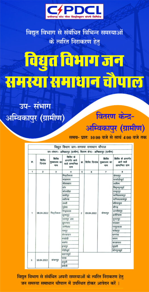 अगर आप भी विद्युत विभाग से संबंधित किसी भी समस्या से है परेशान तो 5 अप्रैल से 11 अप्रैल तक शुरू होने जा रहा हैं विधुत विभाग जन समस्या समाधान चौपाल